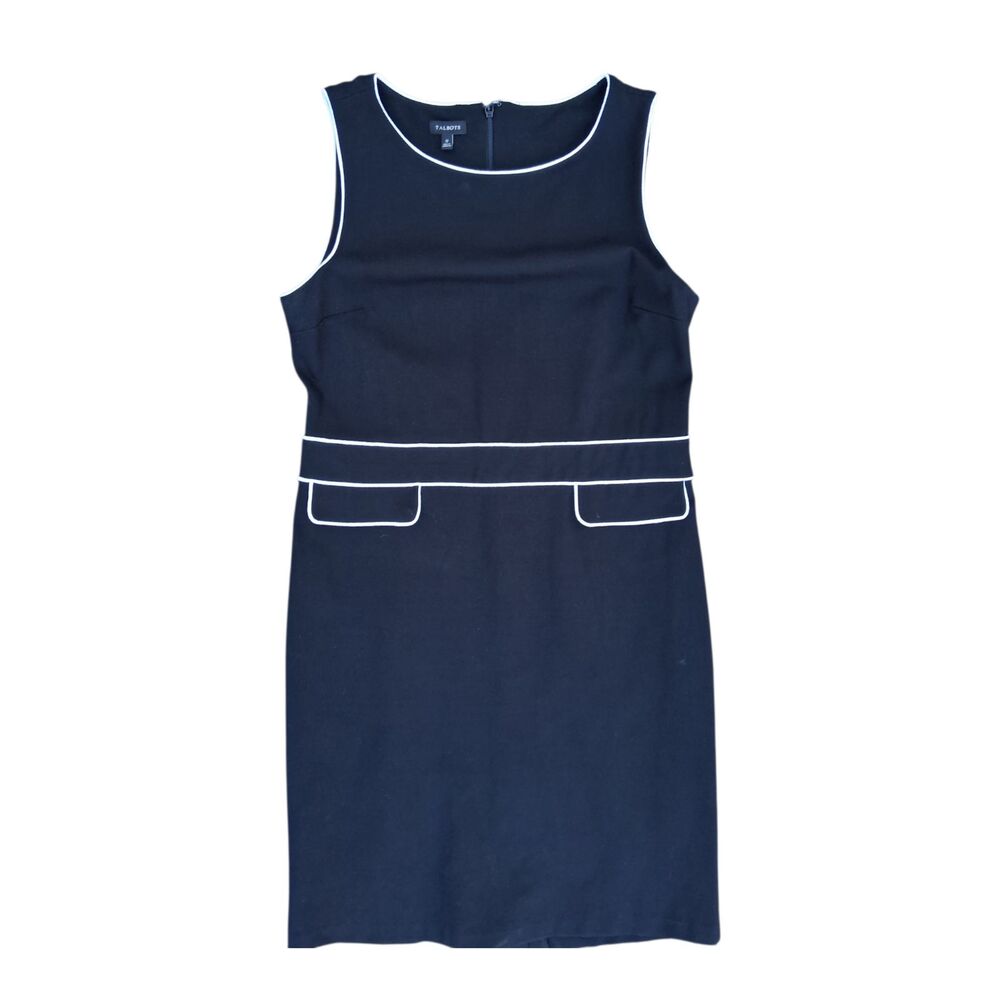 Talbots Size 12 Black Sheath Dress – Crisp White Piping & Faux Pockets